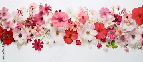 In the isolated tranquility of nature during summer amidst a sea of lush green leaves a vibrant collage of red and pink flowers adorns a white background card resembling a transparent wallp