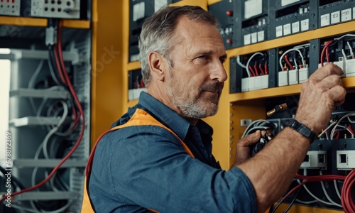 A male electrician works in a switchboard with an electrical connecting cable. Mature man electrician works in a commutator with an electrical wires. Working professions concept