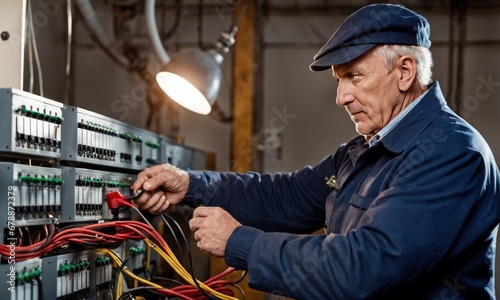 A male electrician works in a switchboard with an electrical connecting cable. Mature man electrician works in a commutator with an electrical wires. Working professions concept