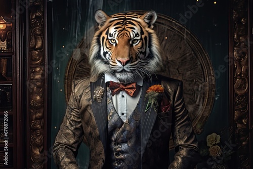 Tiger dressed in an elegant modern suit with a nice tie. Fashion portrait of an anthropomorphic animal, feline, posing with a charismatic human attitude