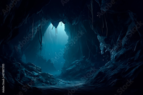 Creepy black cave in the middle of the forest. Eerie atmosphere inside the dark cave. Beams of light piercing through the darkness of the cave