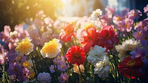  Colorful beautiful multicolored flowers Zínnia spring summer in Sunny garden in sunlight on nature outdoors 