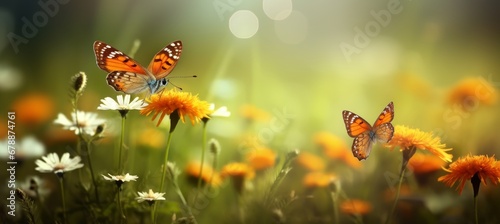 Picturesque summer meadow with vibrant flowers, fluttering butterflies, and generous text space