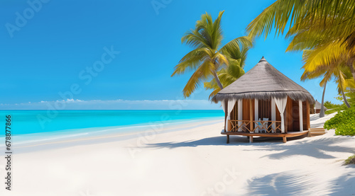 Paradise tropical beach with palm trees, seaside wooden bungalow, white sand, blue sky, & turquoise sea.