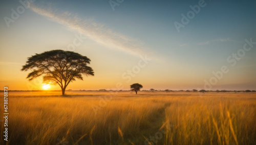 Sunrise over the savanna and grass fields 