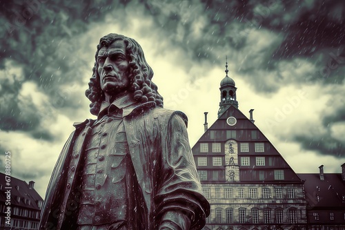 Statue of Gottfried Wilhelm Leibniz, the famous German philosopher and scientist. In the background of Leipzig and storm.