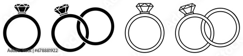 Wedding ring set icon. Silhouette and outline illustration. Jewelry and marriage image. Gemstone rings.