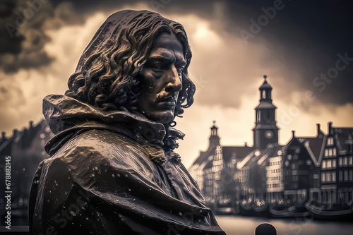 Monument of Benedict de Spinoza from profile, in the background of medieval Amsterdam.