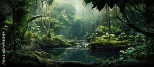 isolated tropical jungle a white ribbon of nature sprawled through the dense green forest adorned with vibrant colored leaves and filled with diverse animal species Exploring this enchantin