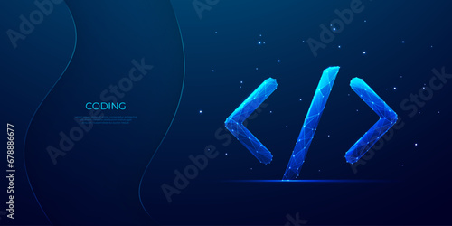 Digital programming code symbol in light blue technology style on a dark background. Software and web development concept. Java script sign. Low poly wireframe with connected dots. Vector illustration