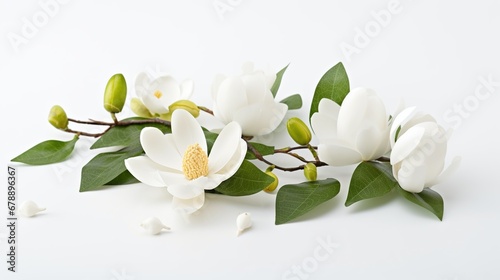 A blooming jasmine, magnolia or gardenia flower on a sprig with buds and green leaves. Illustration for cover, card, postcard, interior design, brochure or presentation.