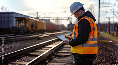 Digital Inspection. A railway worker in a high-visibility vest reviews data on a tablet trackside
