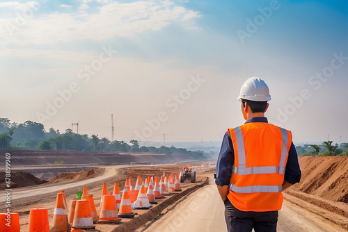 Homem observando construção de estrada, vários cones de segurança na imagem