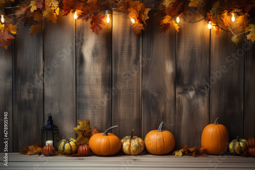 An artistically composed background with a cozy, rustic feel, showcasing a scattering of pumpkins and golden leaves against a weathered wooden surface.