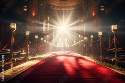A red carpet unfurls in preparation for a glamorous movie premiere, creating a captivating backdrop. Generative Ai.