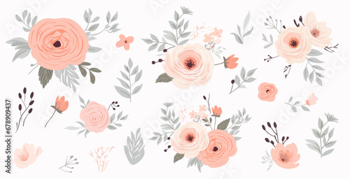 White ash rose and ivory peony, vector collection of flowers in bouquets. powder pink flowers on white. Floral wedding set in pastel colors. All elements are isolated and available for editing.
