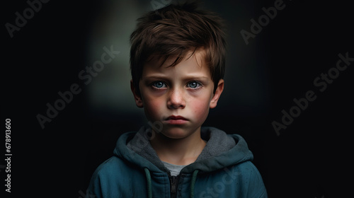 Dramatic portrait of a little cute boy with sad eyes. Portrait of a European boy with dark hair and blue eyes on a dark background. Portrait of a sad little boy on a dark background. Selective focus.