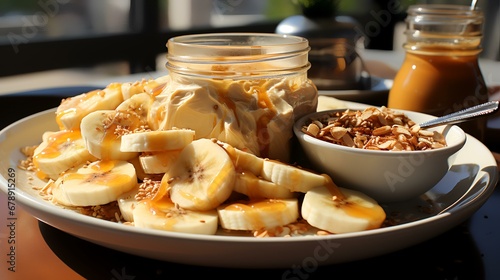 Healthy breakfast with peanut butter and banana on a table in a cafe