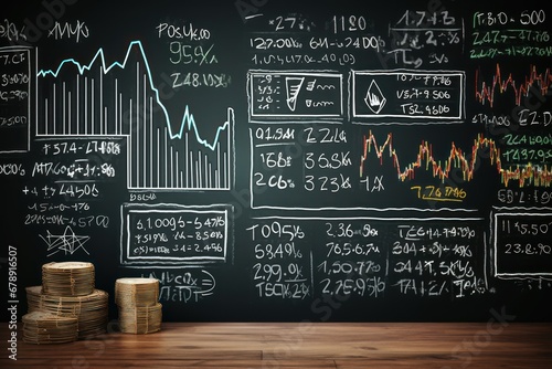 Finance educational concept, chalkboard with hand-drawn economics graphs, learning investment