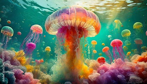 Colorful jellyfish ink explosion underwater background art illustration