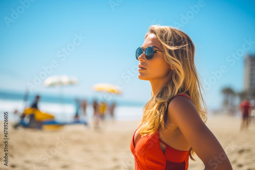 Devoted female lifeguard dutifully watches over swimmers ready to take immediate action in case of a life threatening situation in the ocean