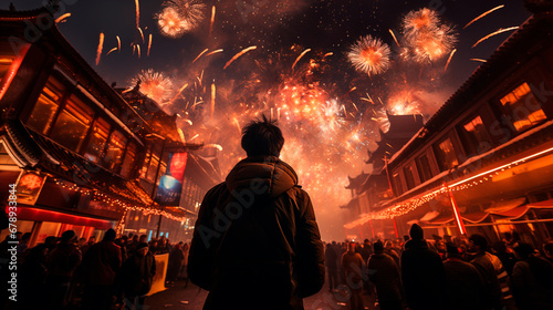 Silueta de un hombre y de fondo una celebración con fuegos artificiales en una calle china, año nuevo chino 
