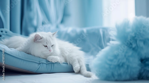 blue monday concept, white cat lying on a pet bed in a blue room