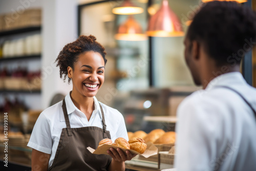 Proud and smiling African American female baker, who's also the shop owner, offering exemplary customer service as she hands a customer their order in her retail store