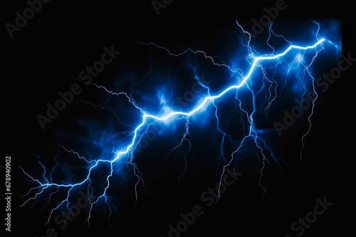 Intense blue lightning bolts strike against a dark background