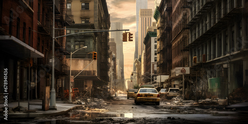 Devastated New York Street with Yellow Cabs - AI Generated Image