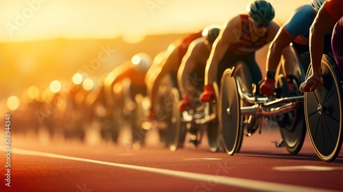 Group of people in wheelchairs on a race track at sunset.