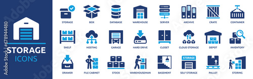 Storage icon set. Containing warehouse, database, box, inventory, container, shelf, archive and more. Vector solid icons collection.