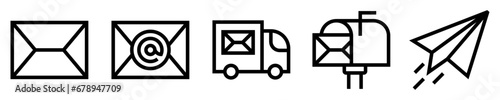 Conjunto de iconos de servicio postal. Mensajería. sobre, camión de reparto, correo electrónico, buzón de correos, mensaje enviado. Ilustración vectorial
