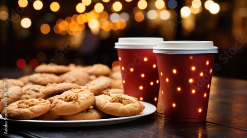 Paper cup of hot drink and cookies on night Christmas market