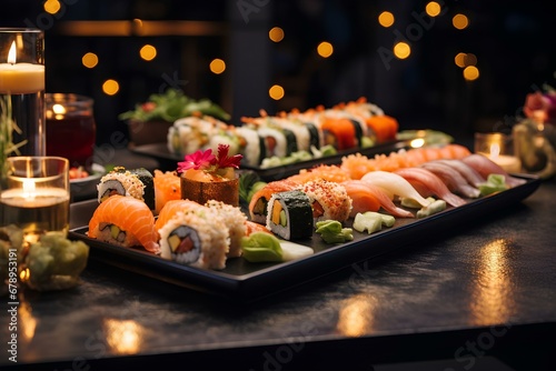 A beautifully arranged sushi platter, bokeh lights background. generative AI
