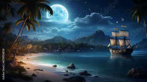 calm sea at tropical beach in the night with the moon and stars, a huge pirate sailing ship sailed above it, reflection, coconut trees, beautiful sky, hyper realistic, dramatic light and shadows