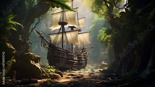 wood old sailing ship stranded in the middle of tropical forest, giant trees, hyper realistic, dramatic light