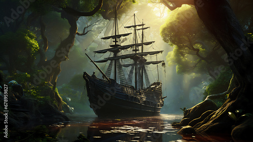 wood old sailing ship stranded in the middle of tropical forest, giant trees, hyper realistic, dramatic light