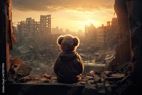 a teddy bear sitting in the rubble of buildings during palestine israel war