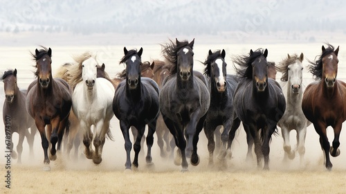 The image is a stunning capture of a group of horses running towards the camera. There seems to be eleven horses of different colors including black, dark brown, tan, and white. They are galloping pow