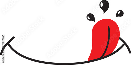 Tongue with drool. Logo for tasty eat. Character of hungry and pleasure. Black cartoon emoji on white background. Doodle avatar of delicious food. Mouth with saliva for enjoy. 