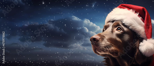 Cute Dog in a Santa Claus hat against the sky. Bokeh. Close-up. Banner. Generated AI. Photoshop has been improved.