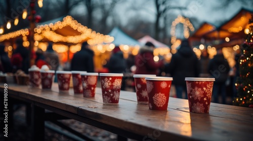 red Paper cup of hot drink on night Christmas market