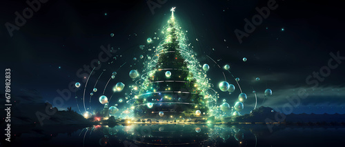 Christmas abstract tree. Winter landscape. Lights. Christmas. Close-up. Banner. Generated AI. Photoshop has been improved.