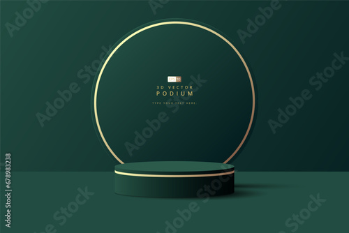 Luxury dark green 3D cylinder podium realistic or pedestal stage for product display presentation with round circle shape backdrop. Minimal scene for mockup. stage showcase. 3d vector geometric form.