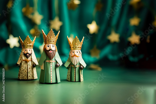 Three wise men holding gifts for Jesus. Concept religious holiday of Epiphany, Nativity of Jesus, Three Kings Day
