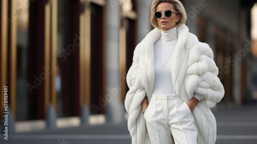 Young beautiful stylish woman walking down the street white fur coat. Fashionable girl wearing white trousers. Fashion concept