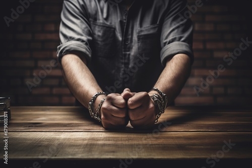 Male hands in handcuffs on wooden table. Iron chains on the hands