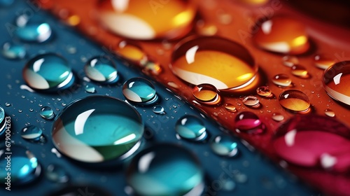 Glistening raindrops reflecting vibrant colors on clean surface