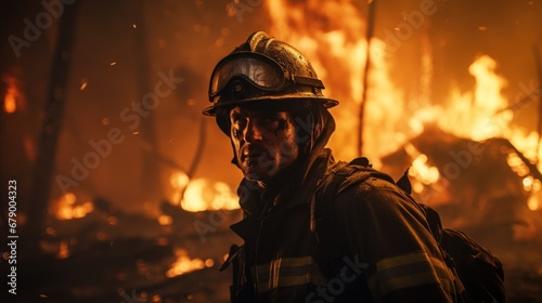 A firefighter standing in front of a fire